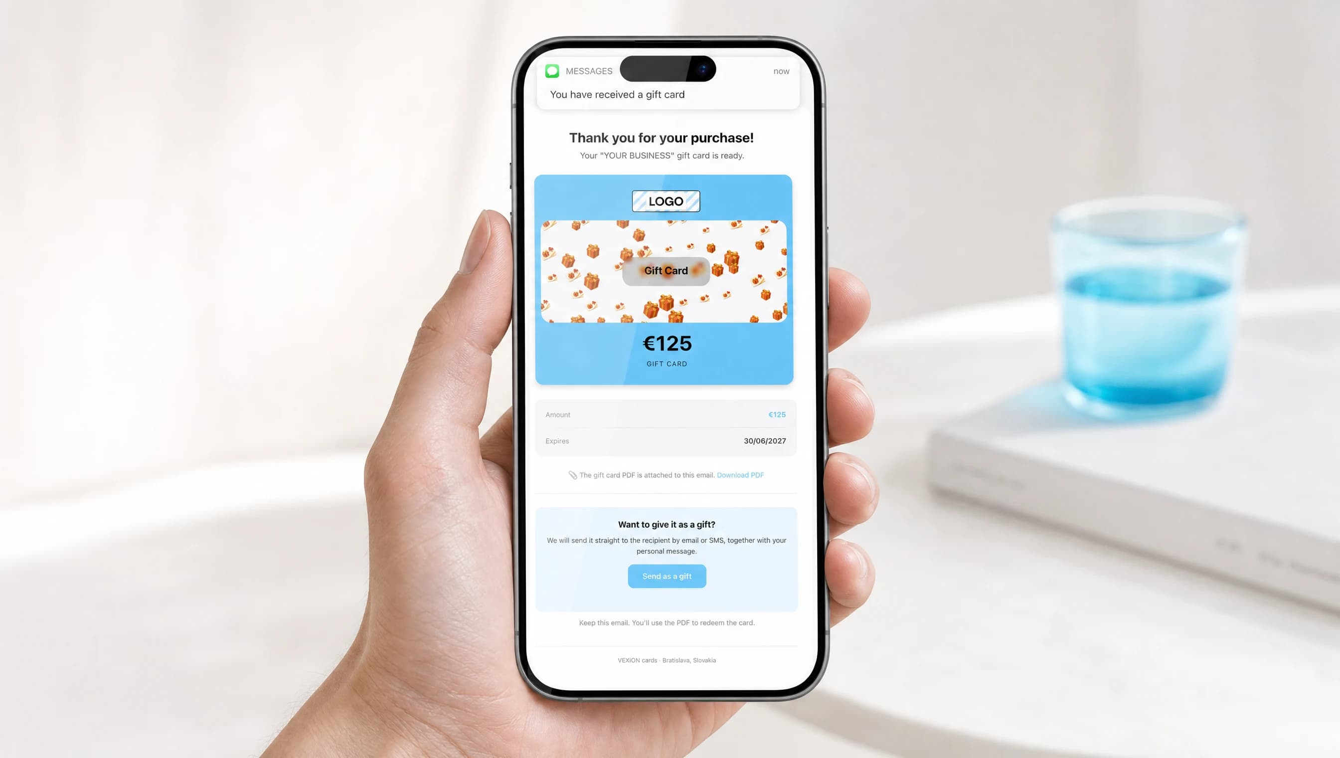 Gift card delivery to the receiver: a confirmation email with a link to add the card to Apple Wallet or Google Wallet, and the sent SMS message