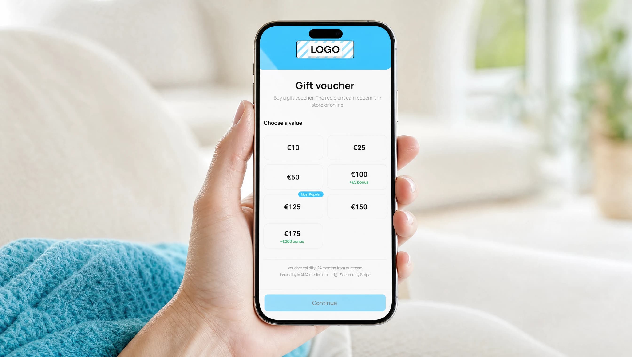 First step of the online gift card purchase: VEXiON cards branded page on a phone showing the value picker and the buyer form where the customer enters their name and email
