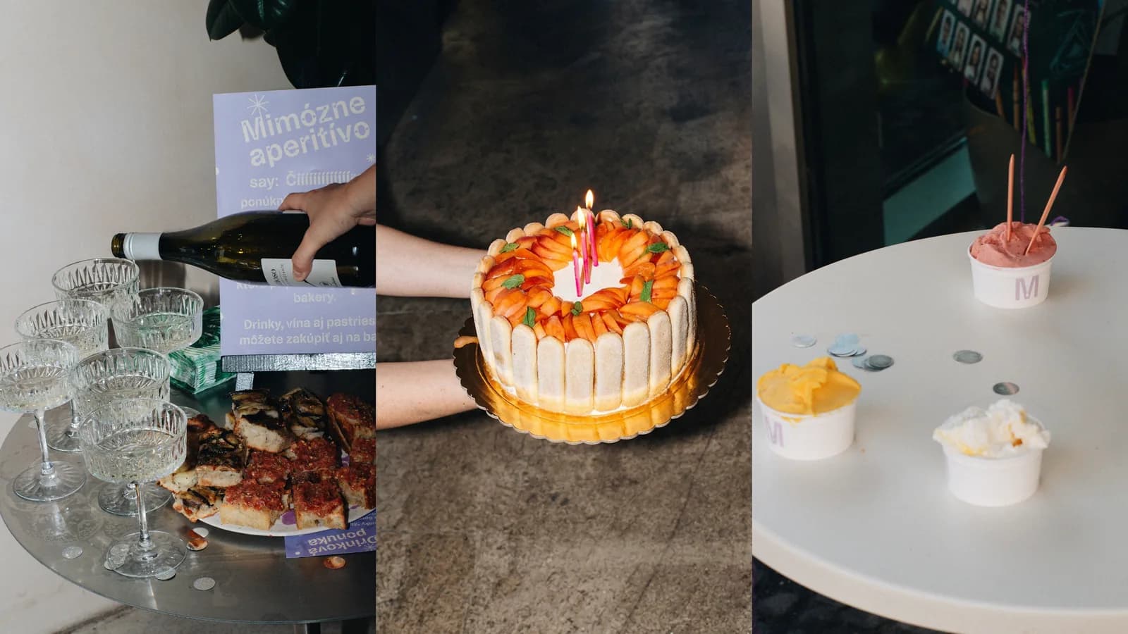 The Mimóza third-birthday aperitivo: prosecco being poured, the birthday cake with candles, and gelato cups carrying the Mimóza monogram