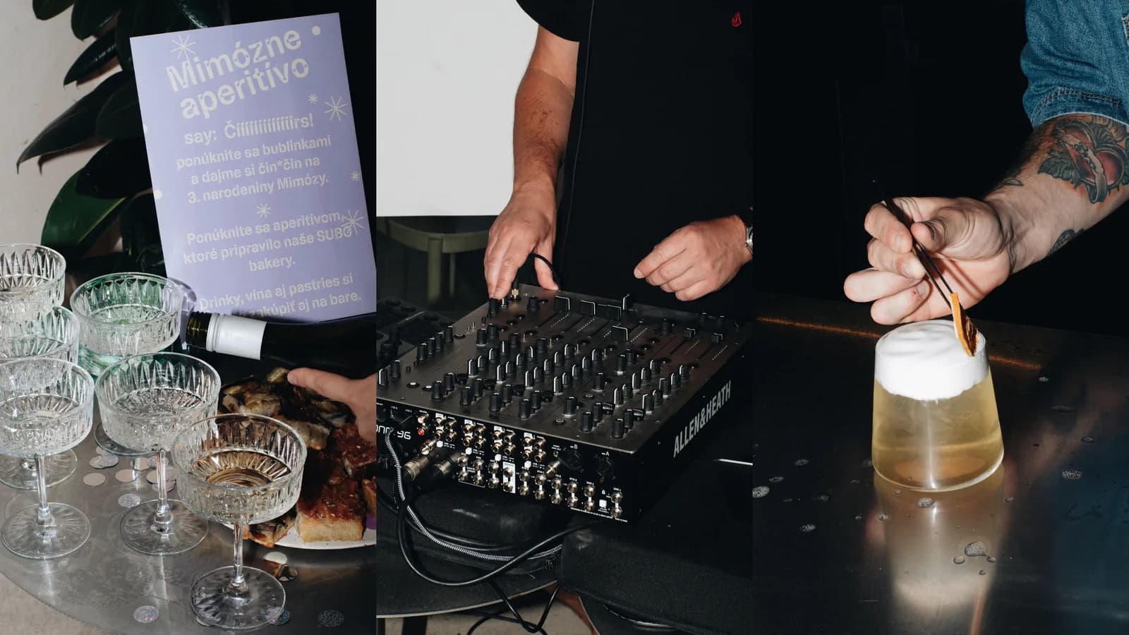 The Mimózne aperitívo card naming SUBO bakery as the aperitivo partner, the DJ desk during the evening, and a finished cocktail on the bar