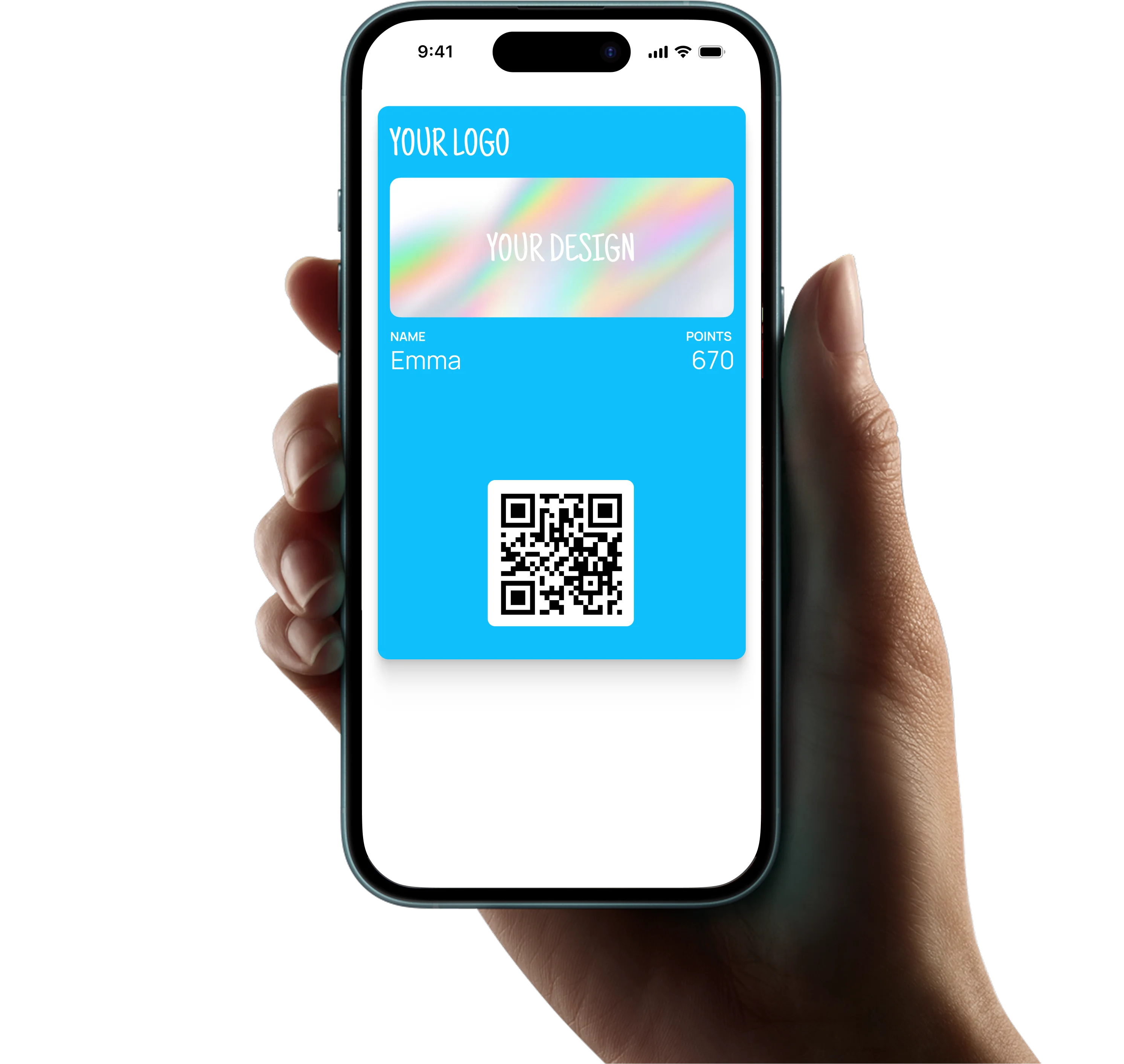 Hand holding a phone with a branded loyalty card open in the wallet, showing points and a QR code