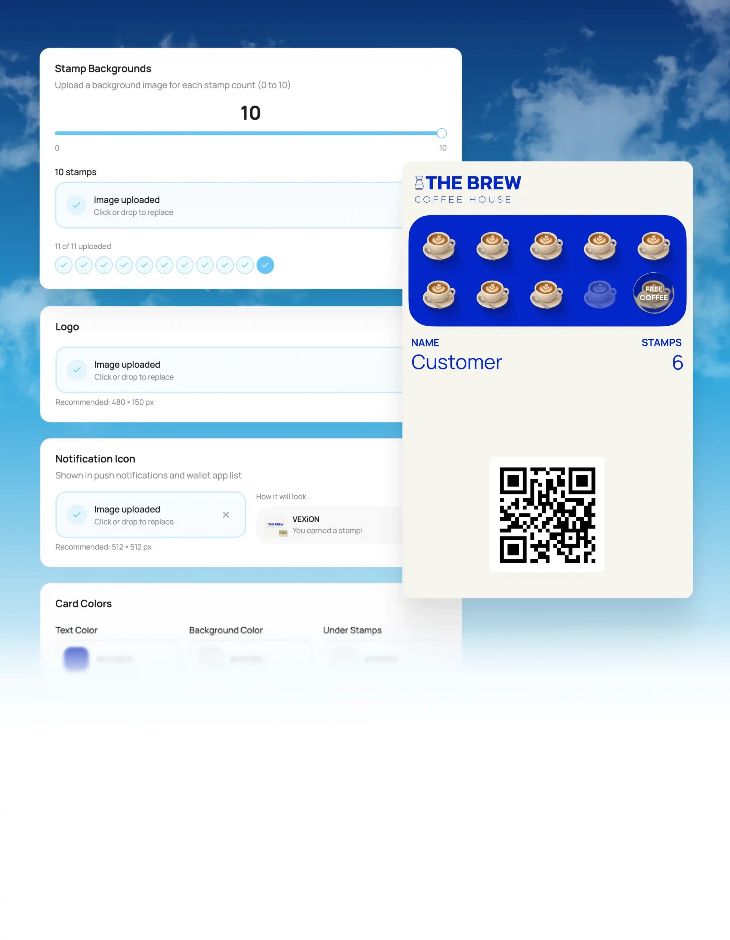 Building a digital loyalty card in the VEXiON cards dashboard, choosing card type and design.