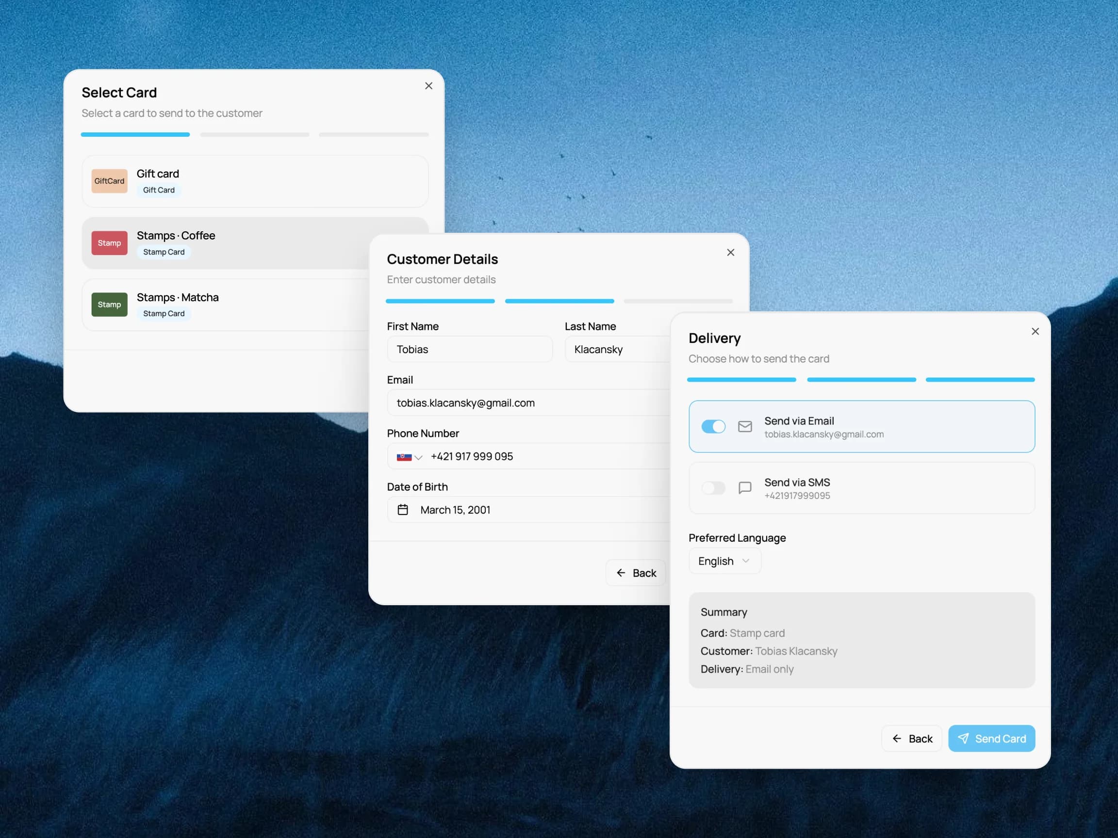 Create customer and send card to wallet